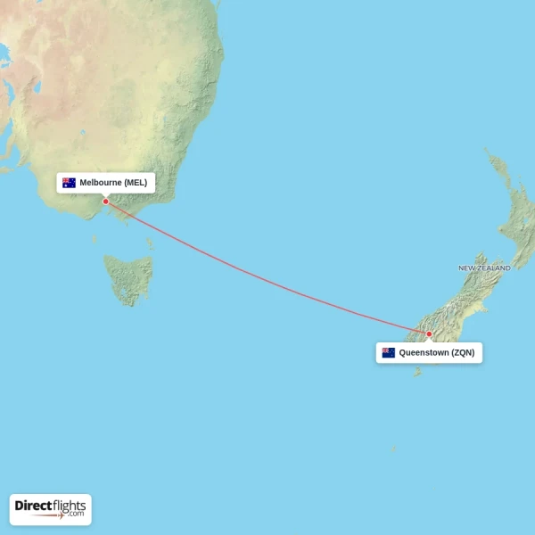 Queenstown - Melbourne direct flight map