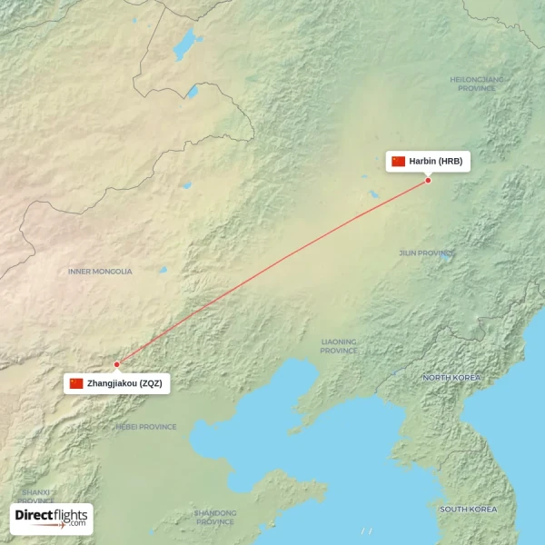 Zhangjiakou - Harbin direct flight map