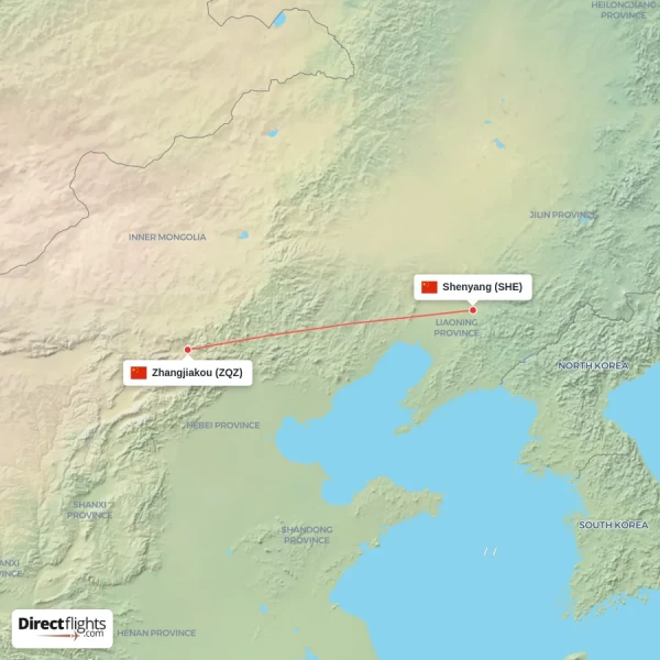 Zhangjiakou - Shenyang direct flight map