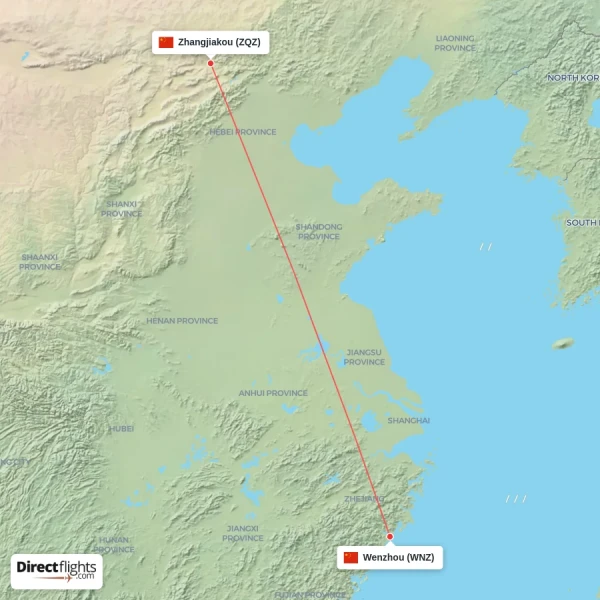 Zhangjiakou - Wenzhou direct flight map
