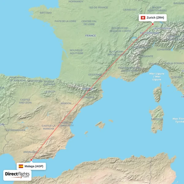 Zurich - Malaga direct flight map
