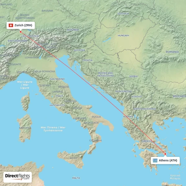 Zurich - Athens direct flight map