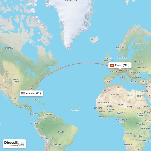 Zurich - Atlanta direct flight map