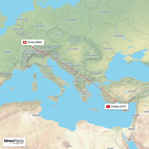 Zurich - Antalya direct flight map