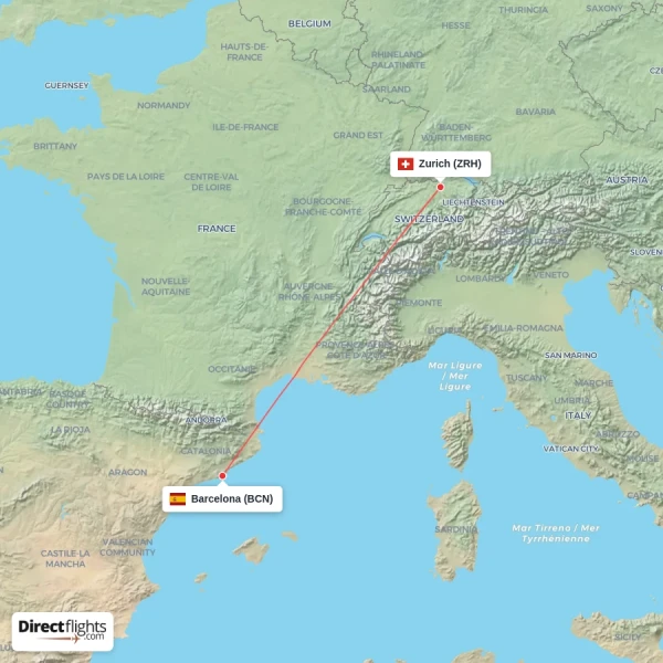 Zurich - Barcelona direct flight map