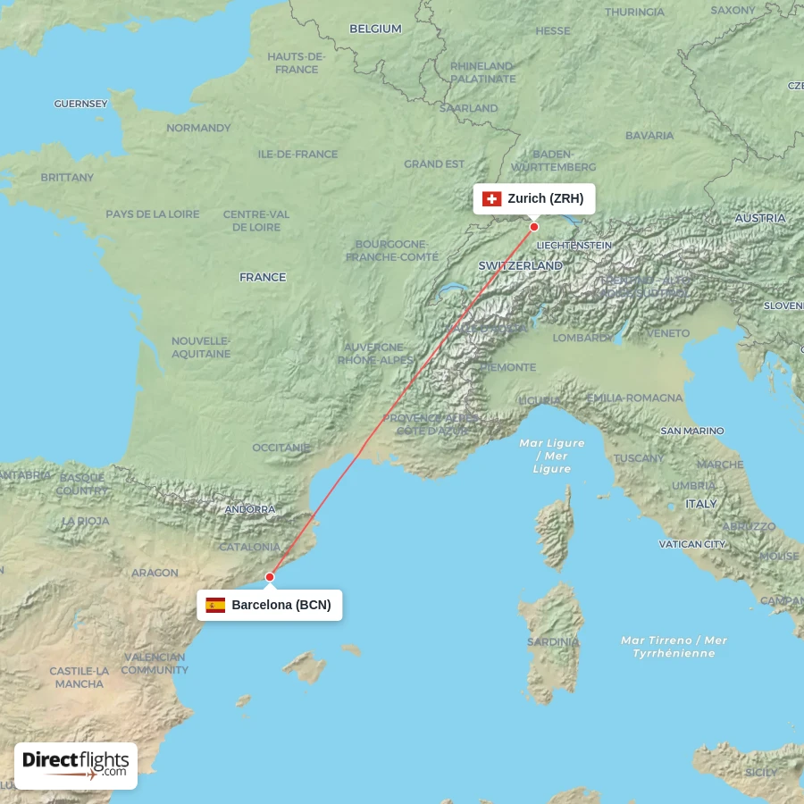 ZRH - BCN route map