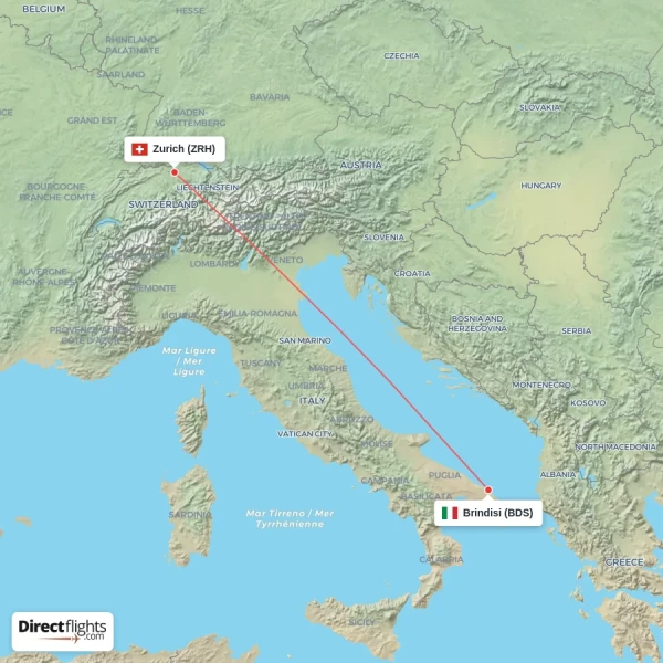 Zurich - Brindisi direct flight map