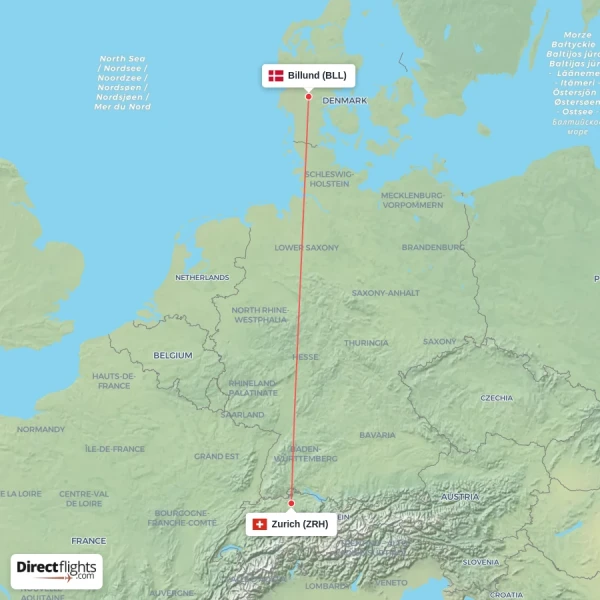 Zurich - Billund direct flight map