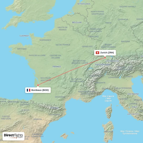 Zurich - Bordeaux direct flight map