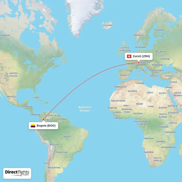Zurich - Bogota direct flight map