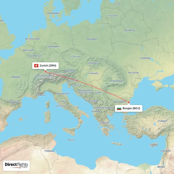 Zurich - Burgas direct flight map