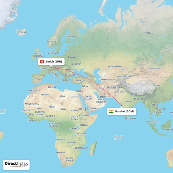 Zurich - Mumbai direct flight map