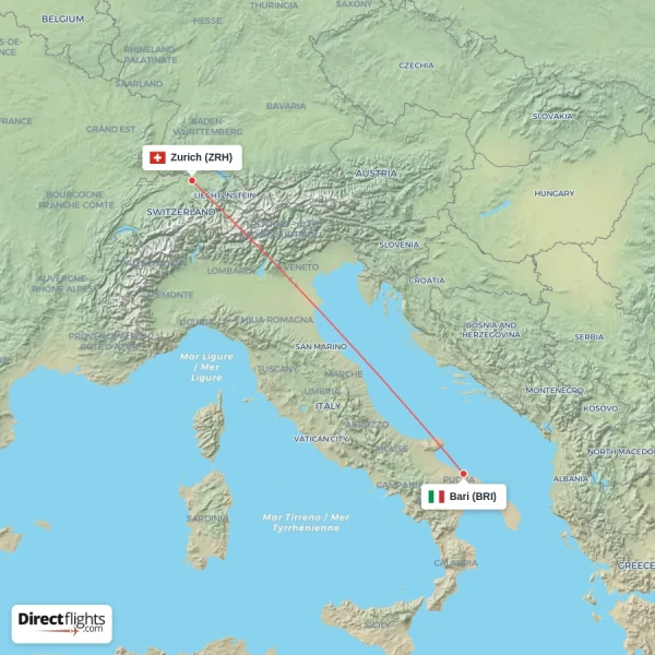 Zurich - Bari direct flight map