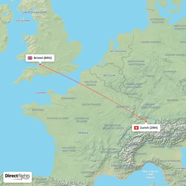 Zurich - Bristol direct flight map