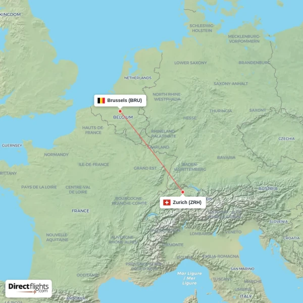 Zurich - Brussels direct flight map