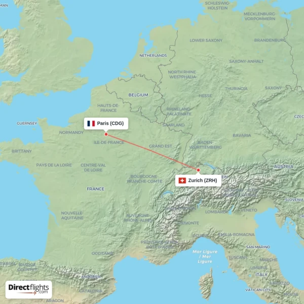 Zurich - Paris direct flight map