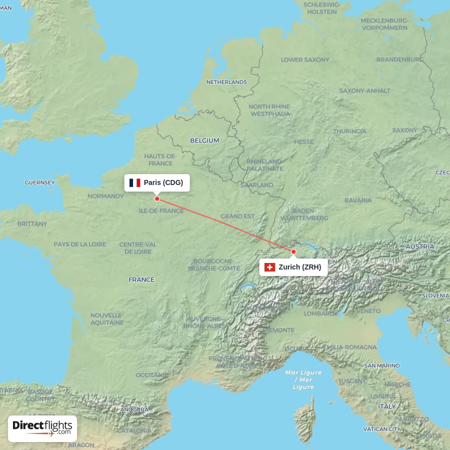 ZRH - CDG route map