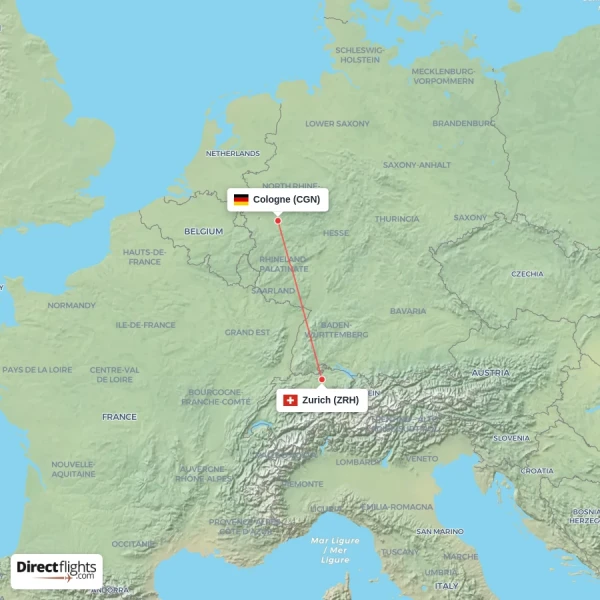 Zurich - Cologne direct flight map