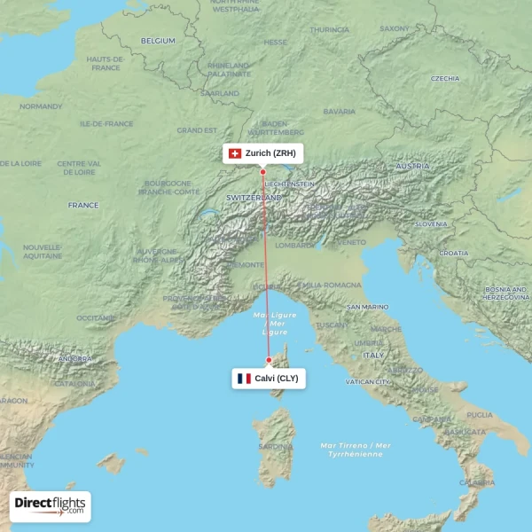 Zurich - Calvi direct flight map