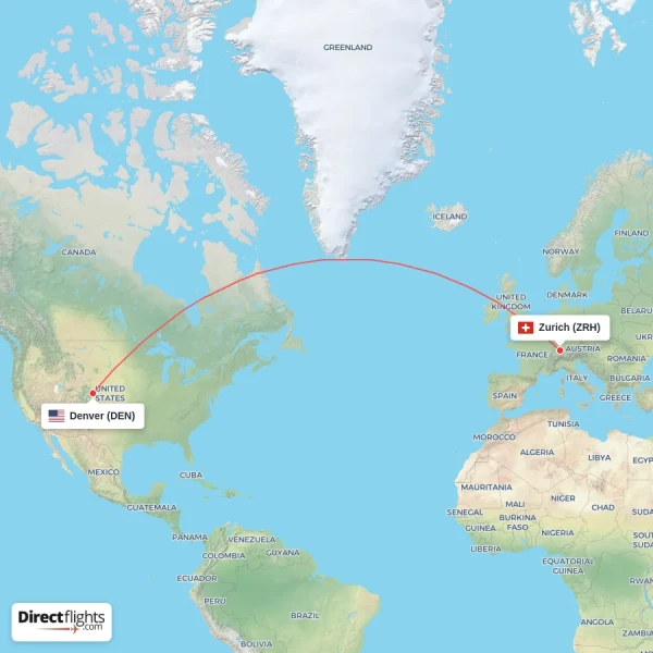 Zurich - Denver direct flight map