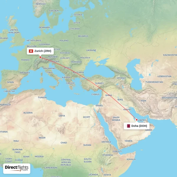 Zurich - Doha direct flight map