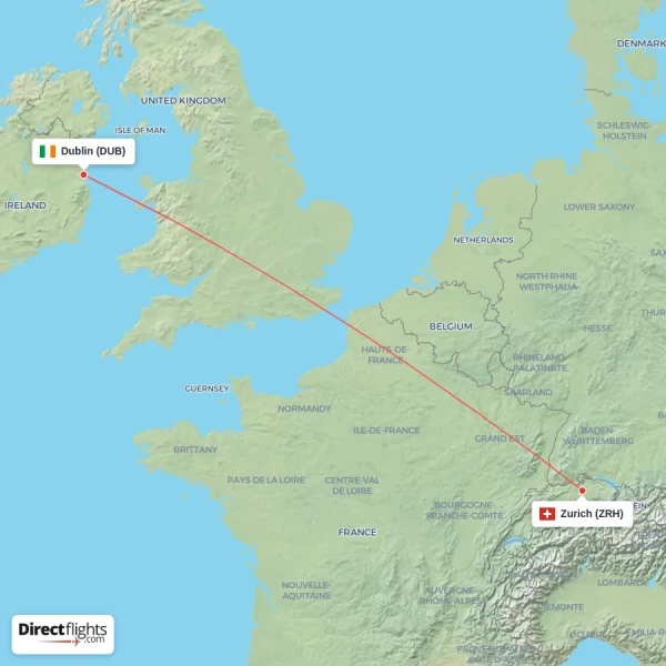 Zurich - Dublin direct flight map