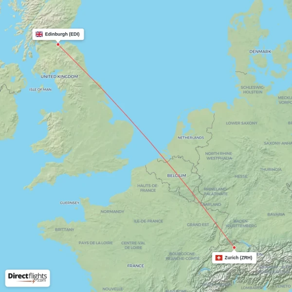 Zurich - Edinburgh direct flight map
