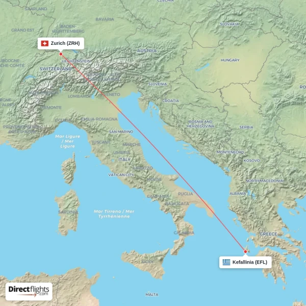 Zurich - Kefallinia direct flight map