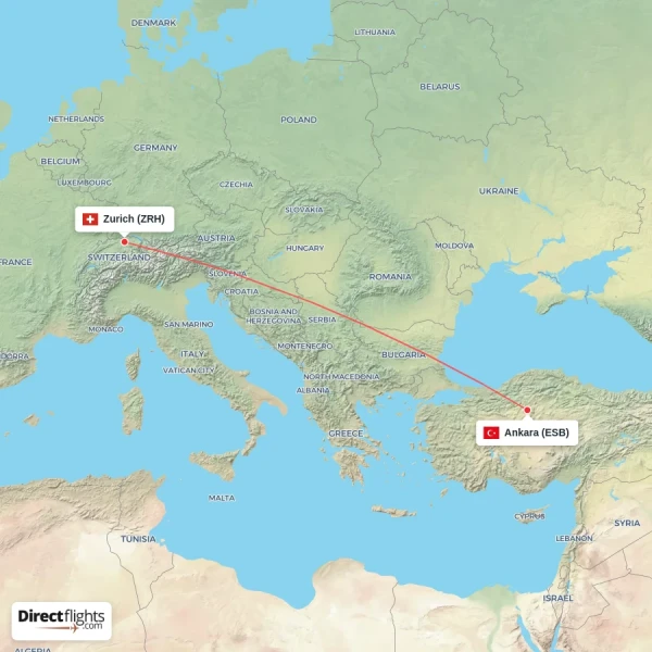 Zurich - Ankara direct flight map