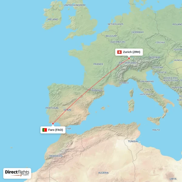 Zurich - Faro direct flight map