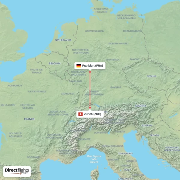 Zurich - Frankfurt direct flight map