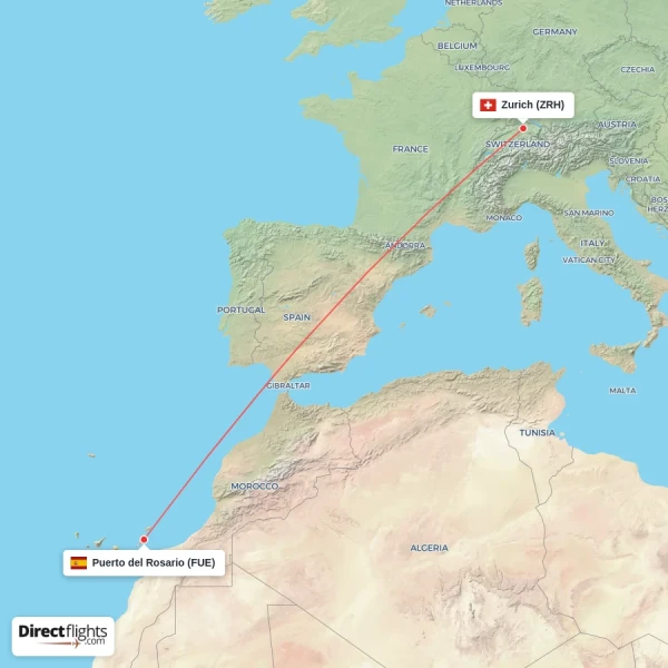 Zurich - Puerto del Rosario direct flight map