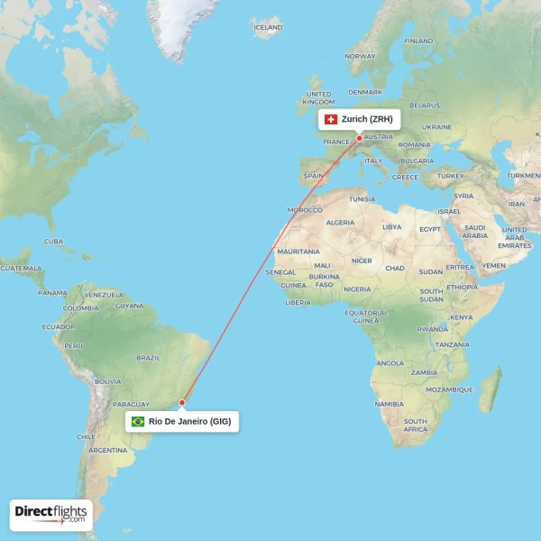 Zurich - Rio De Janeiro direct flight map