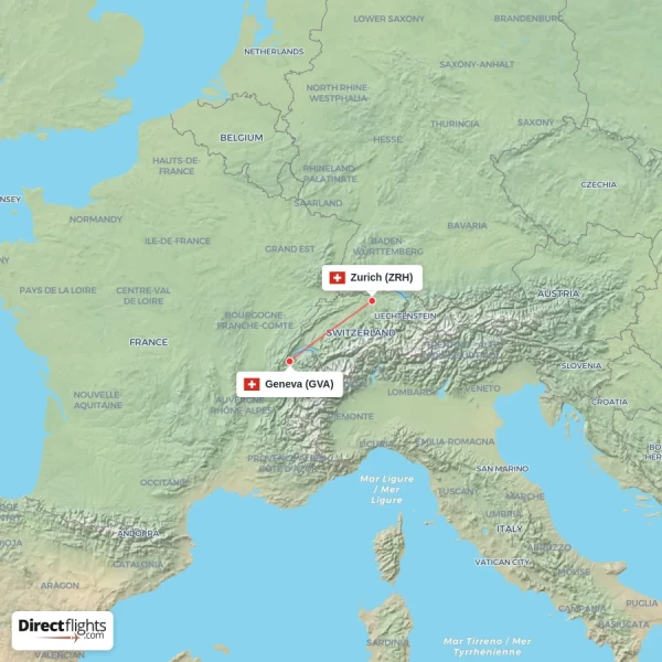 Zurich - Geneva direct flight map