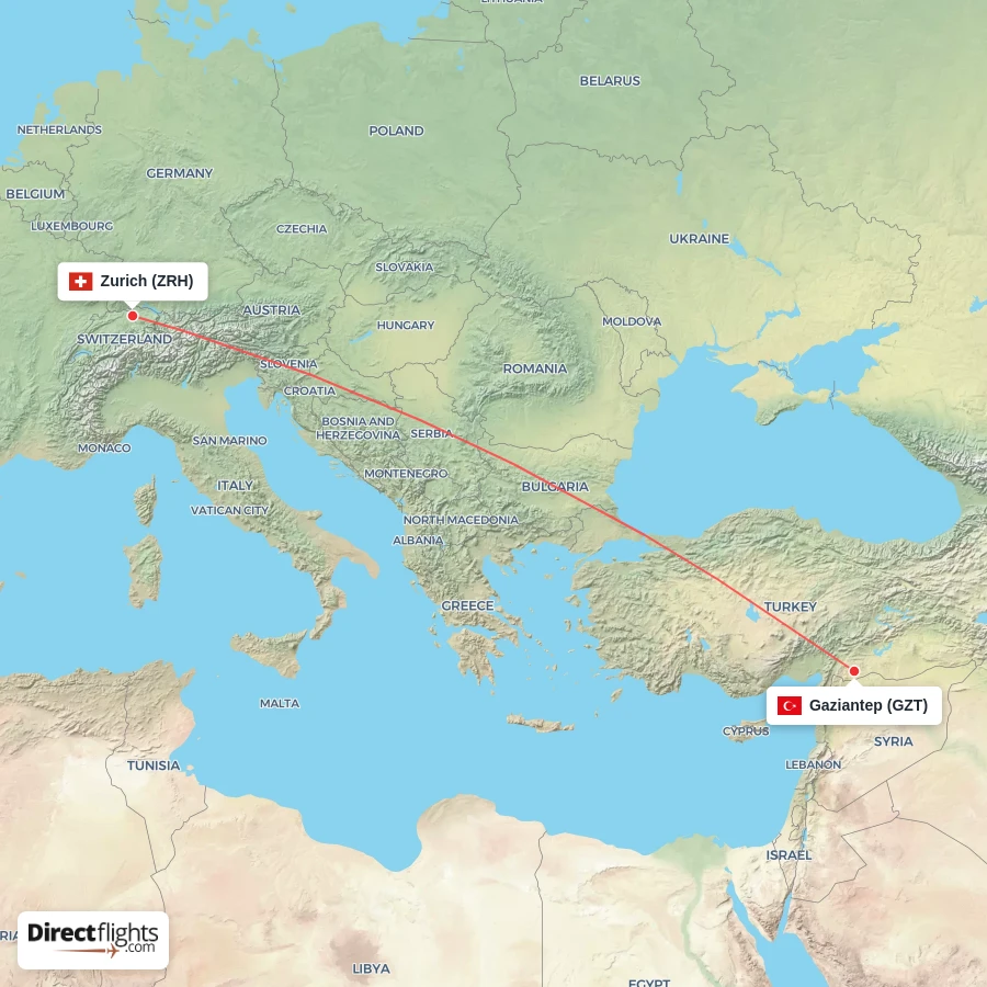 ZRH - GZT route map