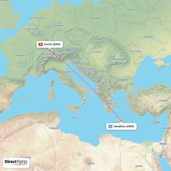Zurich - Heraklion direct flight map