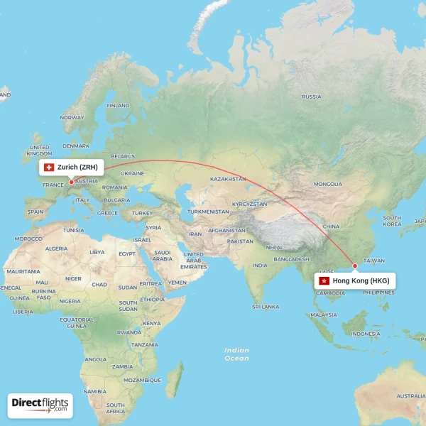 Zurich - Hong Kong direct flight map