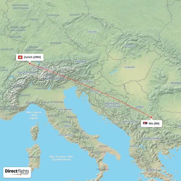 Zurich - Nis direct flight map