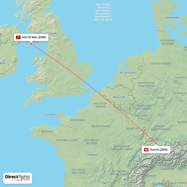 Zurich - Isle Of Man direct flight map