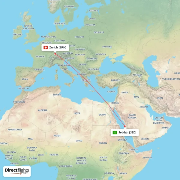 Zurich - Jeddah direct flight map