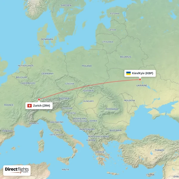 Zurich - Kiev/Kyiv direct flight map