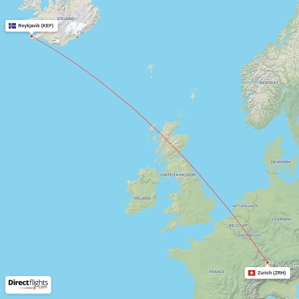 Zurich - Reykjavik direct flight map