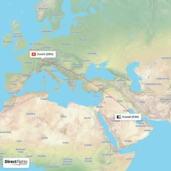 Zurich - Kuwait direct flight map