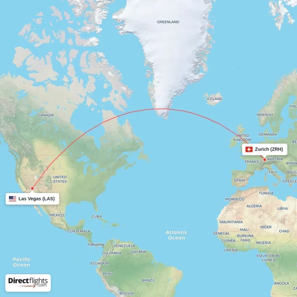 Zurich - Las Vegas direct flight map