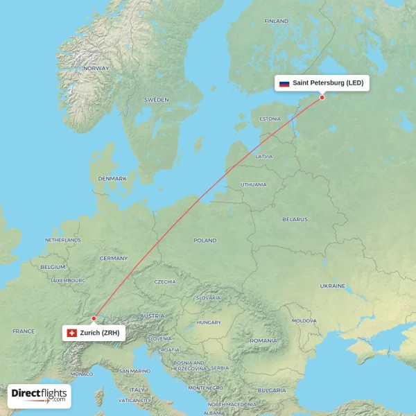 Zurich - Saint Petersburg direct flight map