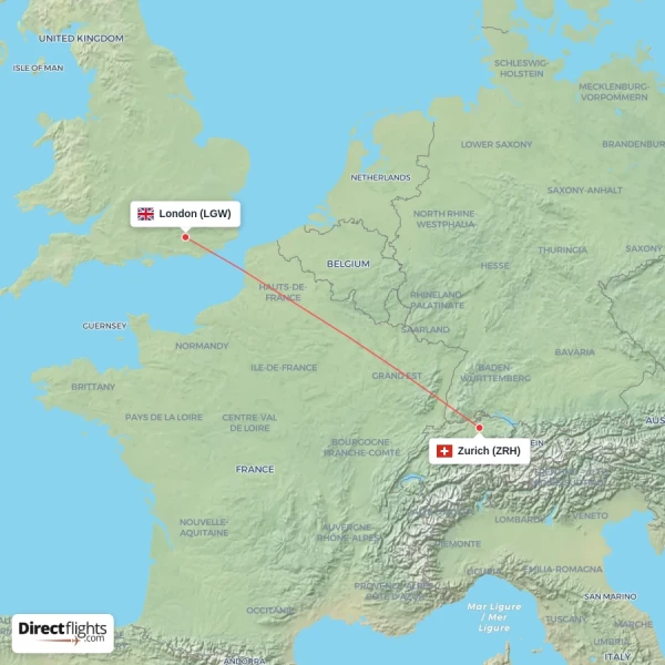 Zurich - London direct flight map