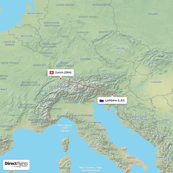 Zurich - Ljubljana direct flight map