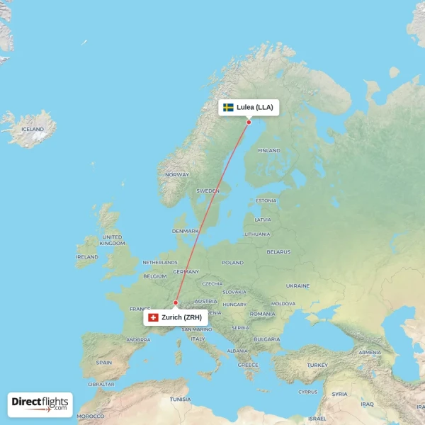 Zurich - Lulea direct flight map
