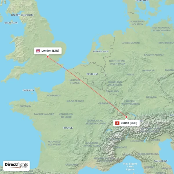 Zurich - London direct flight map