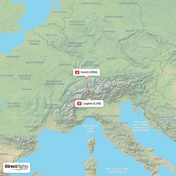 Zurich - Lugano direct flight map